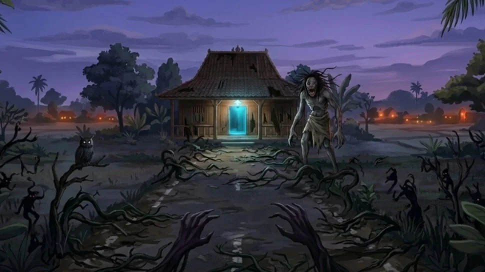 Ilustrasi rumah tusuk sate yang berada di ujung jalan pertigaan