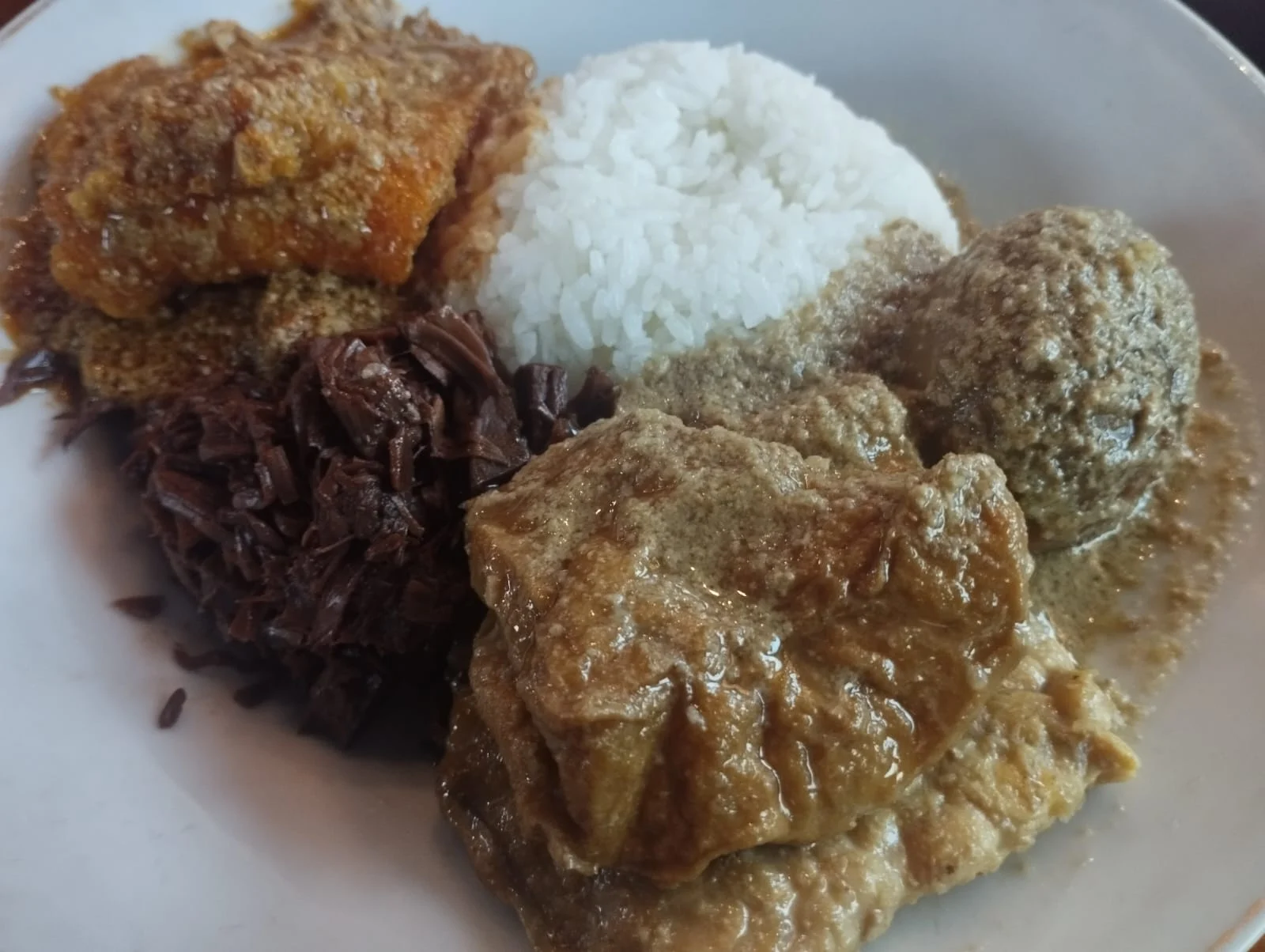 Sajian seporsi Gudeg Sagan basah dengan kuah areh melimpah di Yogyakarta